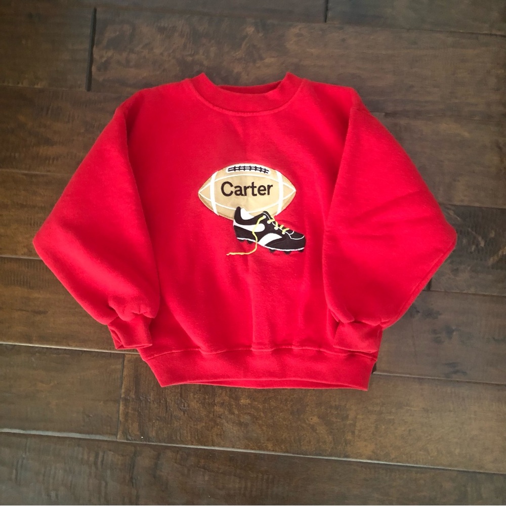 🏈 Kelly's Kids Red Sweatshirt with Football Design & ‘Carter’ Monogram 🏈